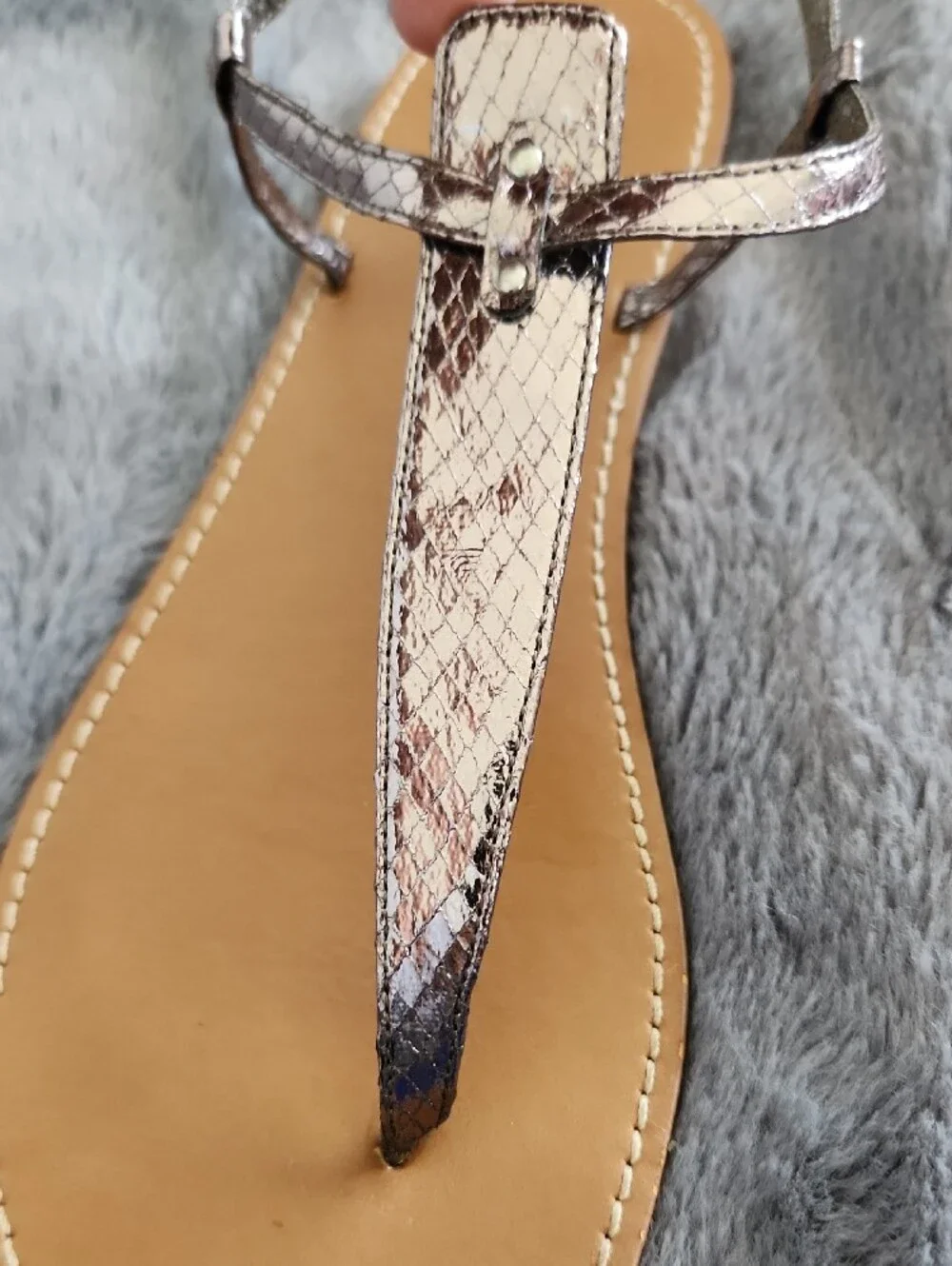 Ann Talor LOFT Metallic Silver T-Strap Sandals with Tan Footbed